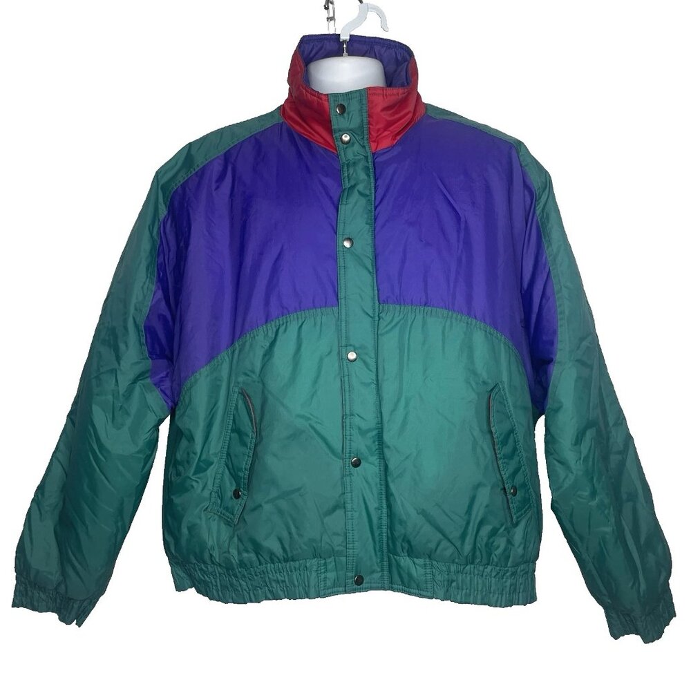 Vintage 80s Van Cort Winter Puffer Jacket Size XL Green Purple Color Block